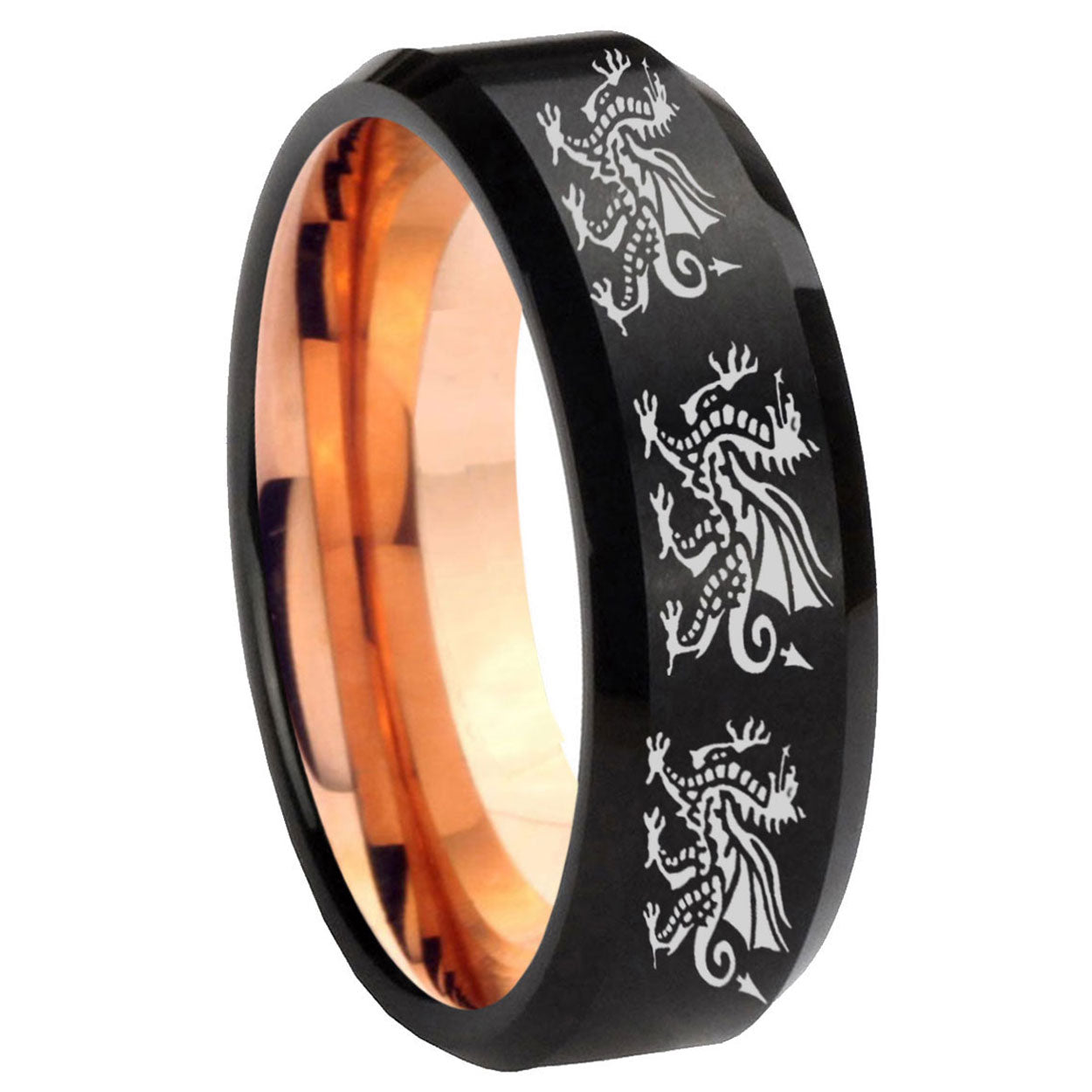 8mm Multiple Dragon Two-Tone Beveled Black Rose Gold Tungsten Band