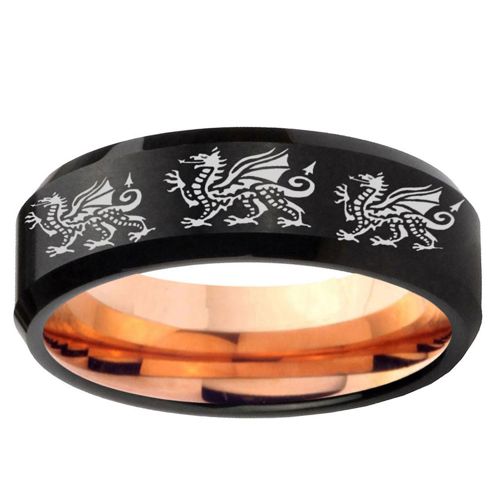 5mm Multiple Dragon Two-Tone Beveled Black Rose Gold Tungsten Band