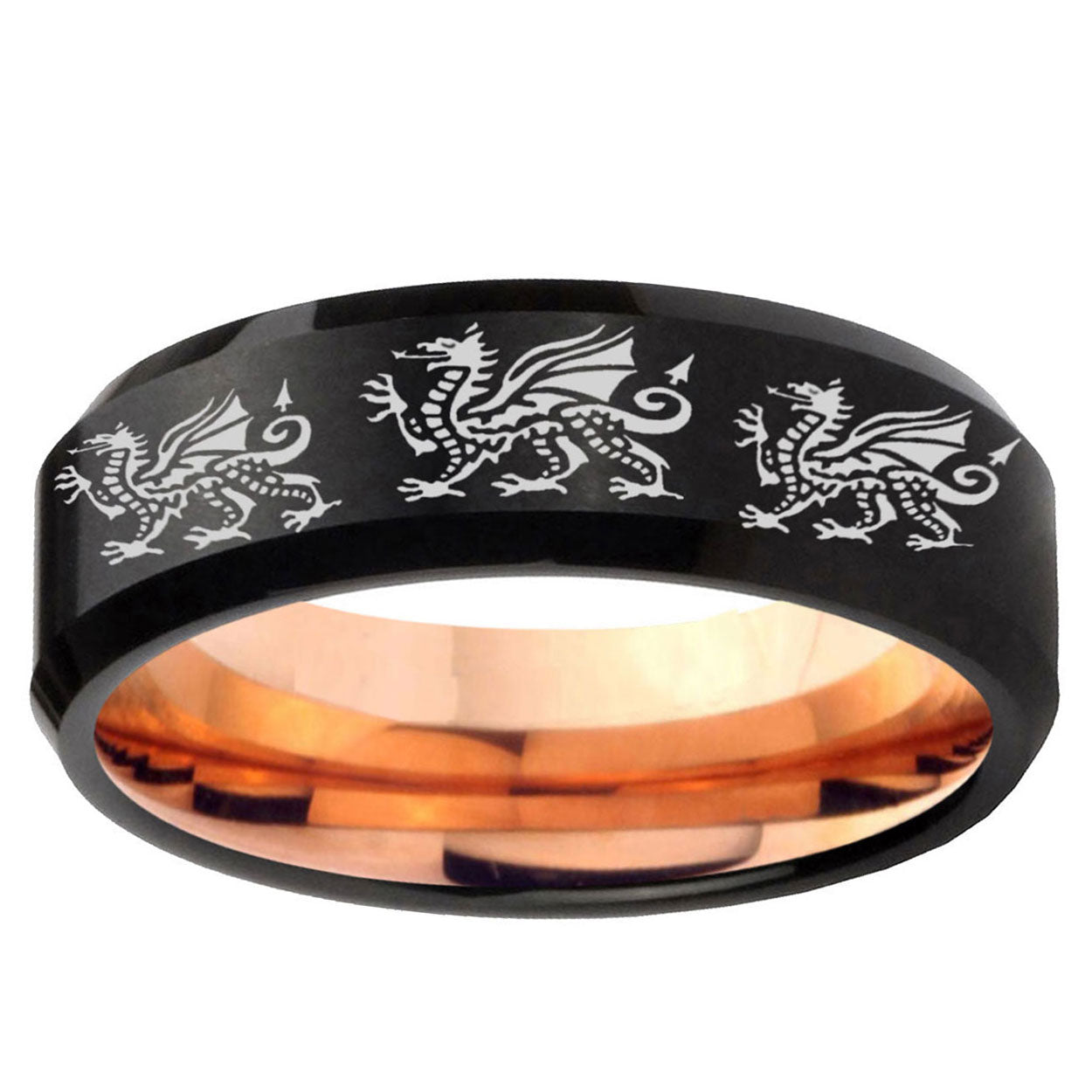 5mm Multiple Dragon Two-Tone Beveled Black Rose Gold Tungsten Band