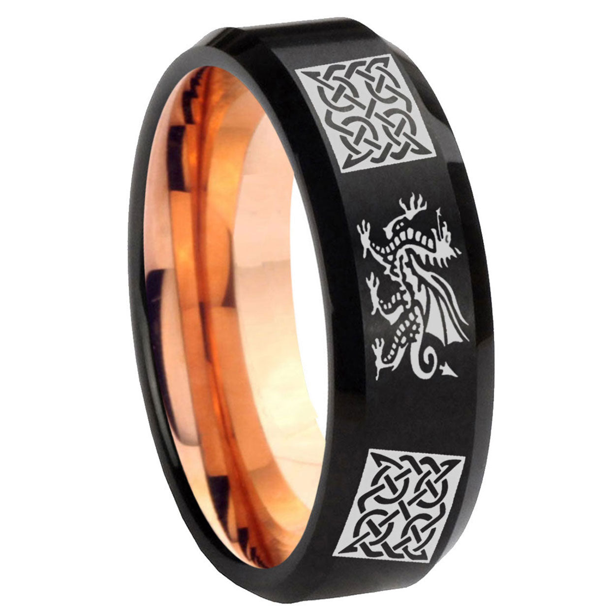 8mm Multi Dragon Celtic Two-Tone Beveled Black Rose Gold Tungsten Band