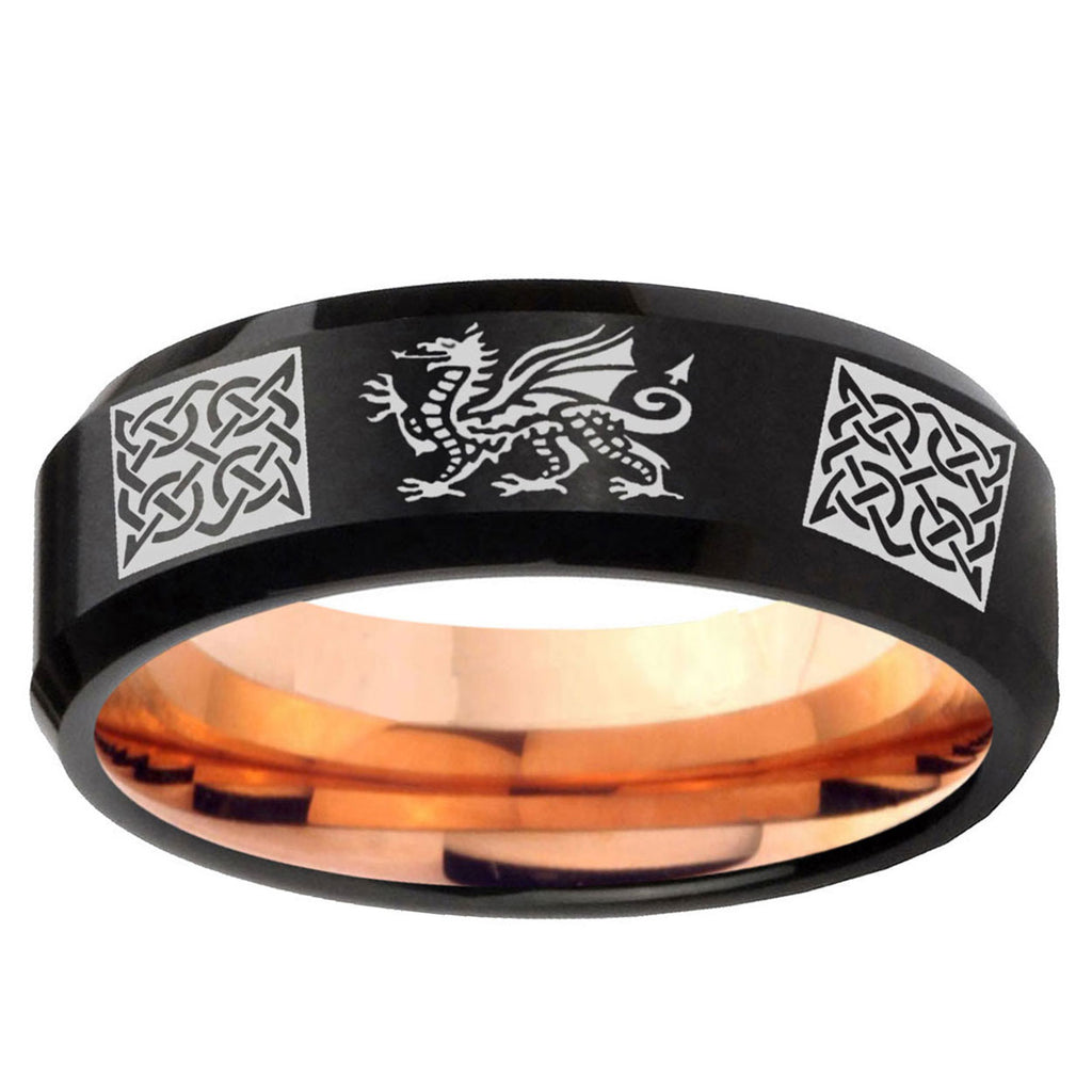 5mm Multi Dragon Celtic Two-Tone Beveled Black Rose Gold Tungsten Band