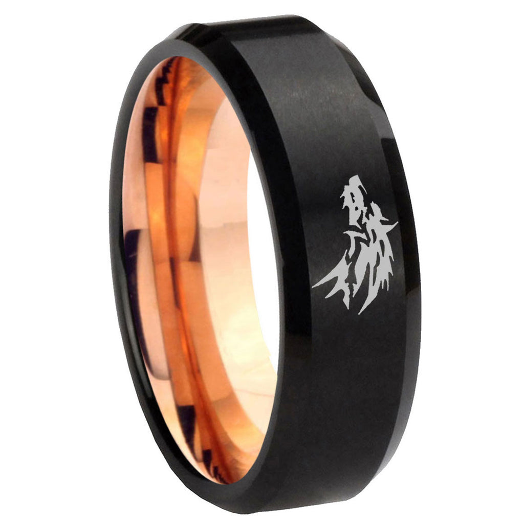 8mm Wolf Design Two-Tone Beveled Black Rose Gold Tungsten Band