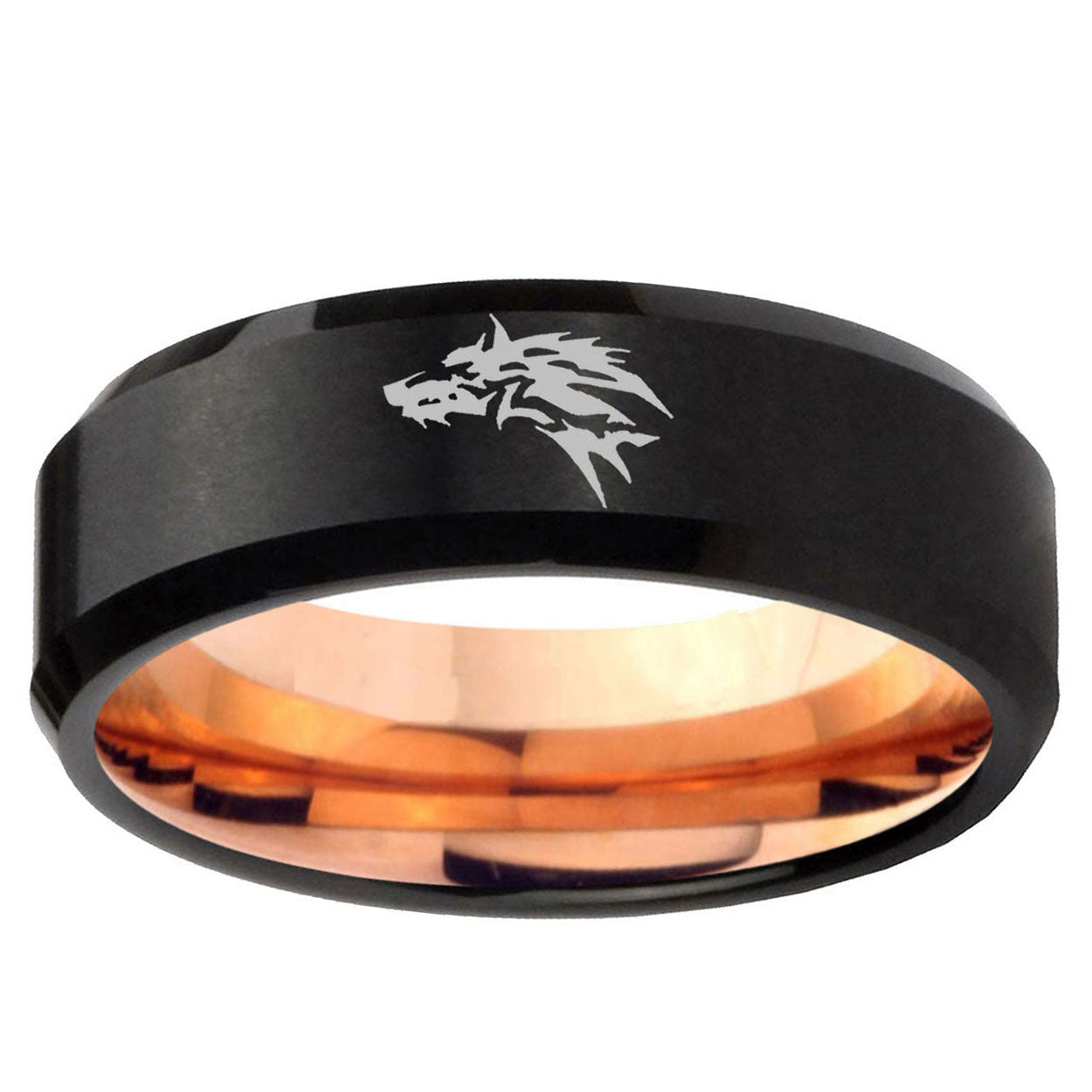 5mm Wolf Design Two-Tone Beveled Black Rose Gold Tungsten Band