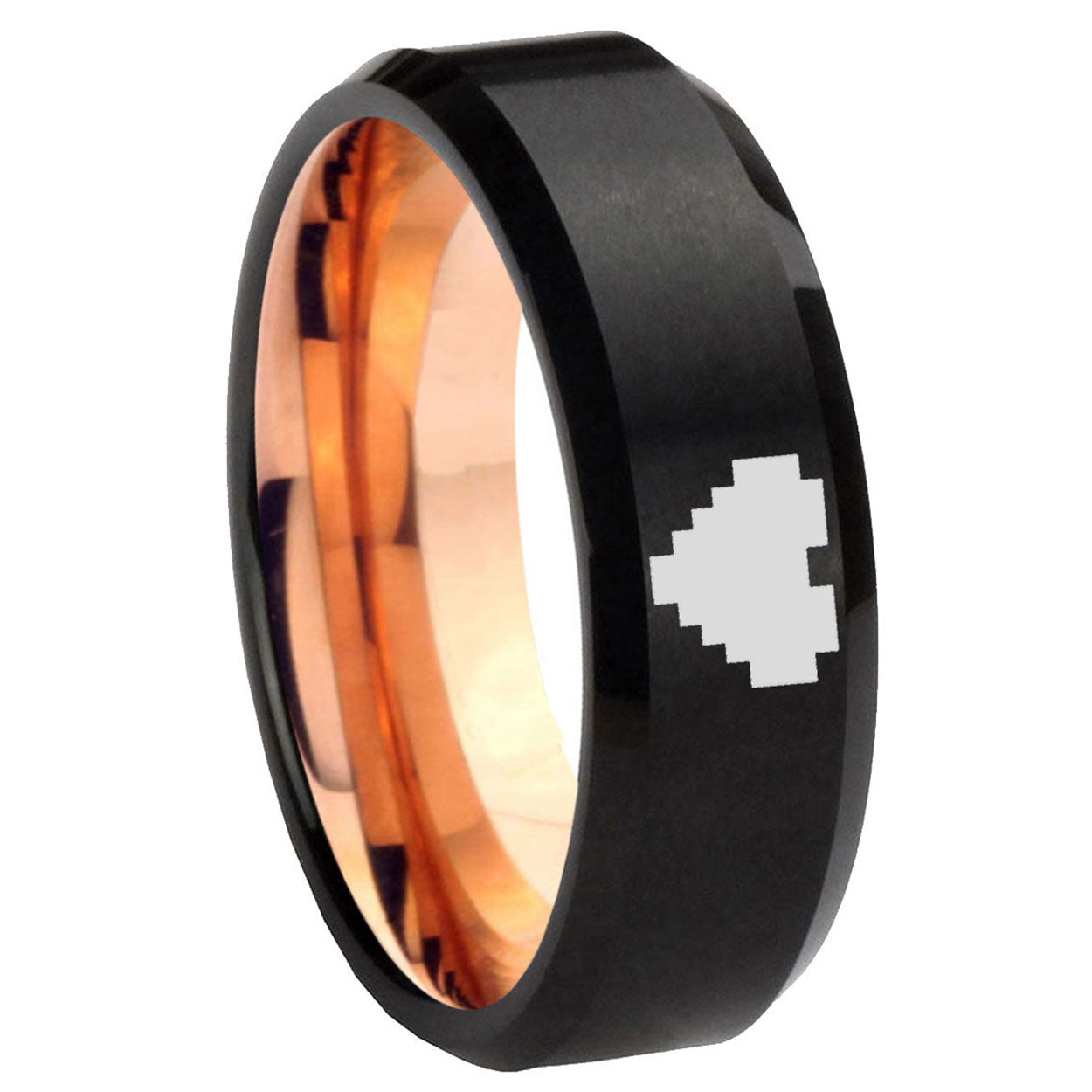 8mm Zelda Heart Two-Tone Beveled Black Rose Gold Tungsten Band