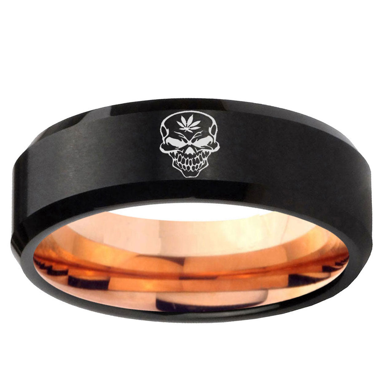 5mm Skull Marijuana Leaf Two-Tone Beveled Black Rose Gold Tungsten Band