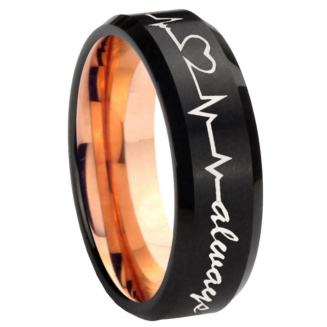 10mm Heart Beat forever Heart always more Bevel Tungsten Rose Gold Ring