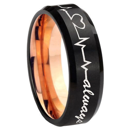 10mm Heart Beat forever Heart always more Bevel Tungsten Rose Gold Ring