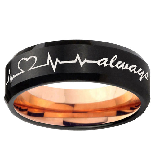 10mm Heart Beat forever Heart always more Bevel Tungsten Rose Gold Ring