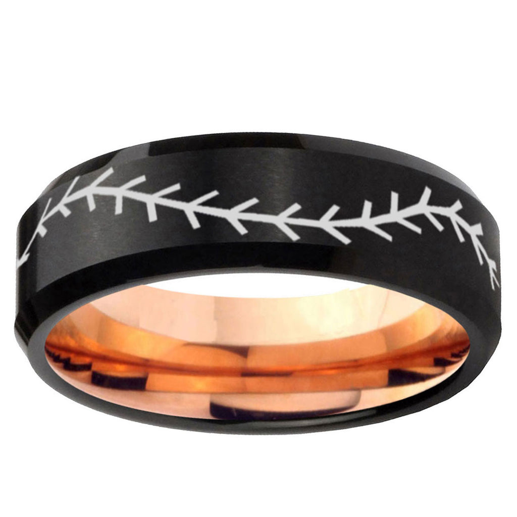 10mm Baseball Bevel Tungsten Carbide Rose Gold Mens Band Ring