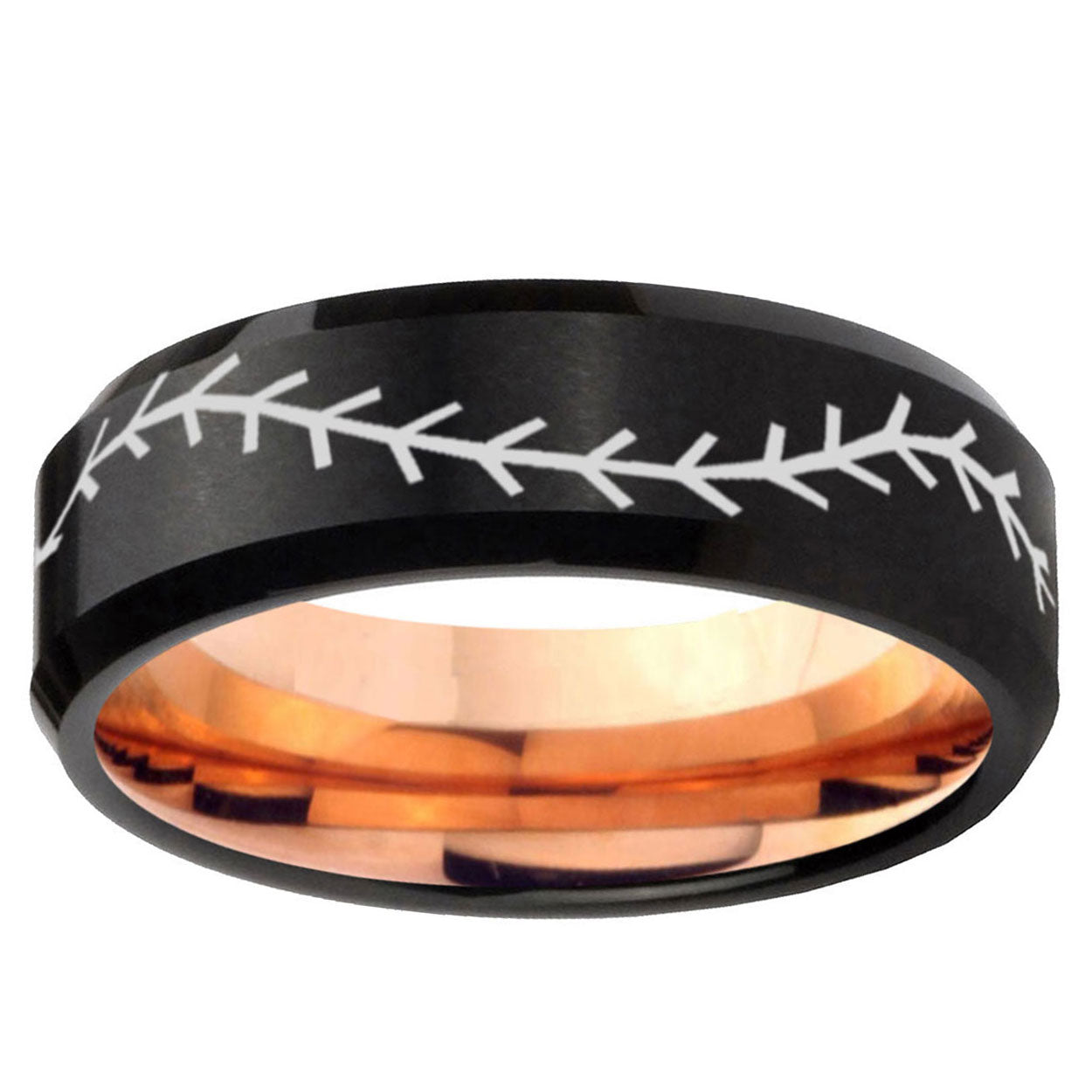10mm Baseball Bevel Tungsten Carbide Rose Gold Mens Band Ring