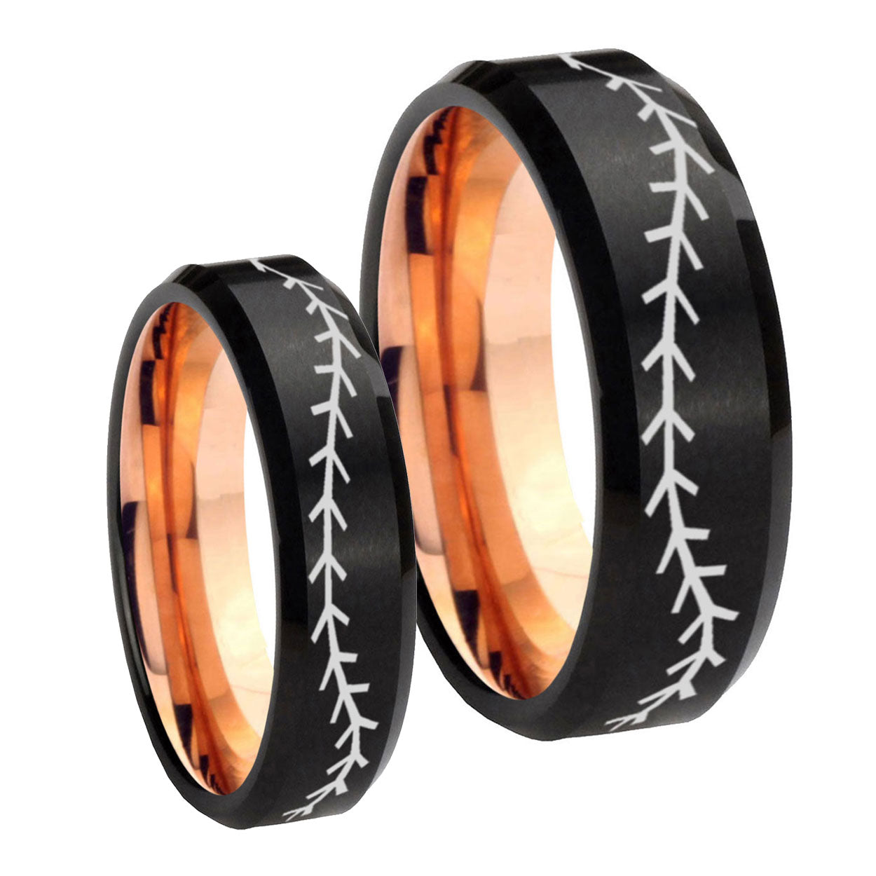 Baseballs Bevel Rose Gold Tungsten Wedding Set Rings