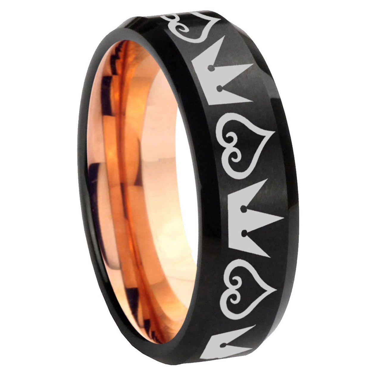 8mm Hearts and Crowns Two-Tone Beveled Black Rose Gold Tungsten Band