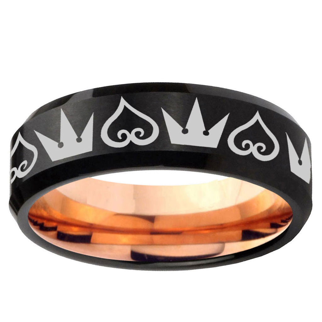 5mm Hearts and Crowns Two-Tone Beveled Black Rose Gold Tungsten Band