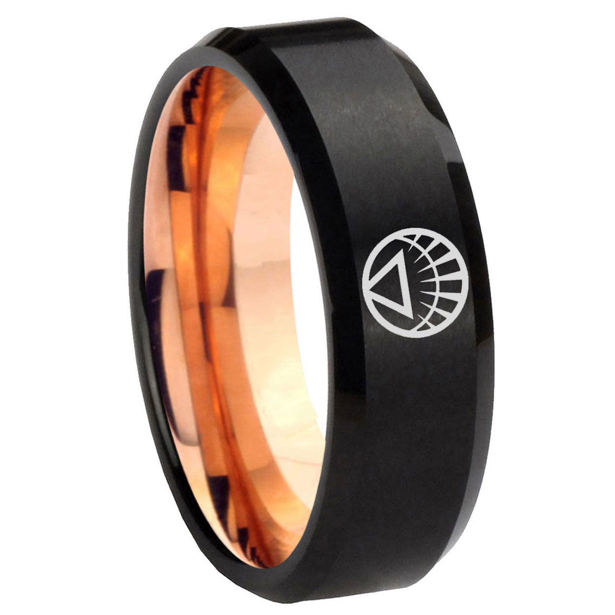 8MM White Lantern Beveled Rose Gold Black Tungsten Mens Promise Ring