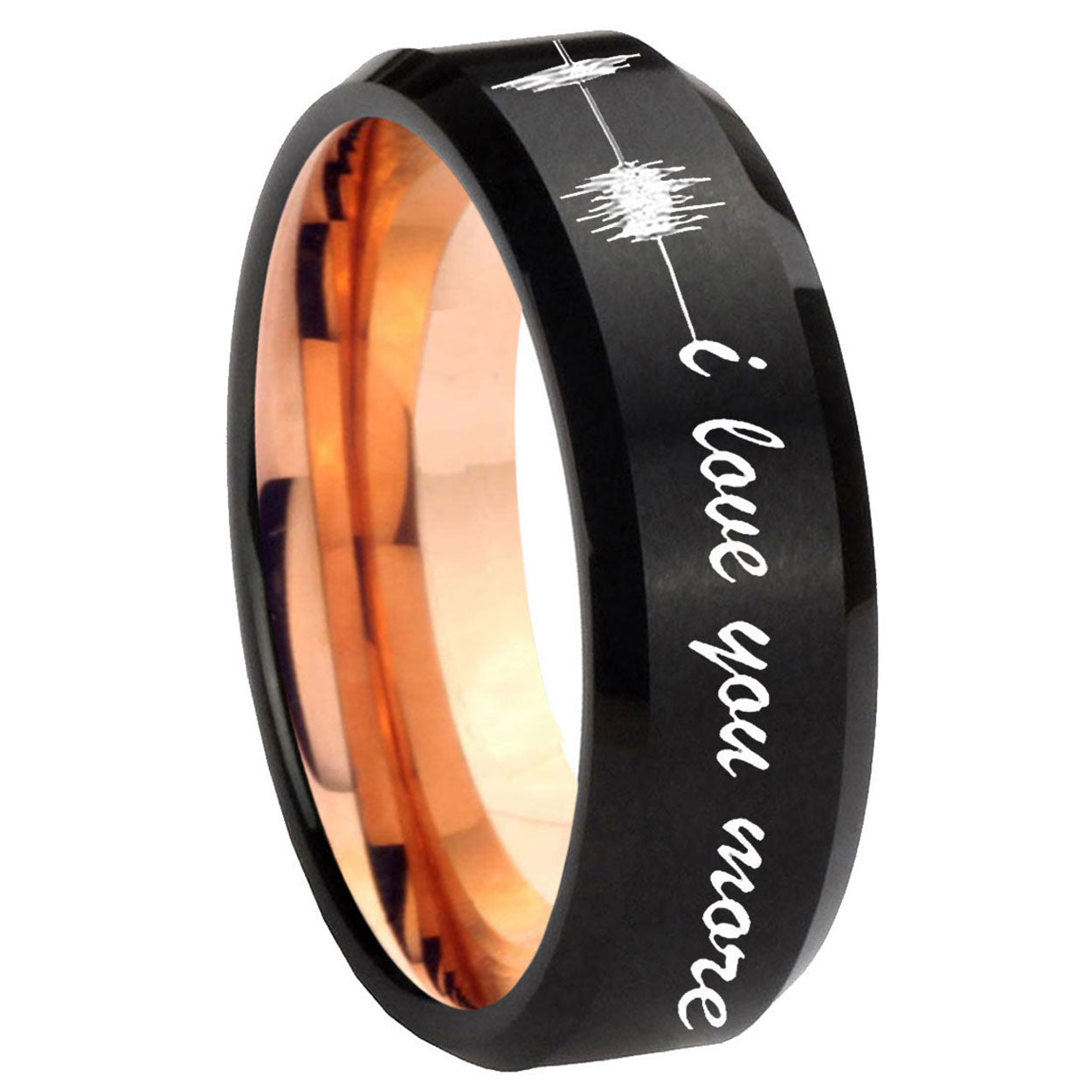 8MM Sound Wave, I love you Beveled Rose Gold Black Tungsten Ring For Man