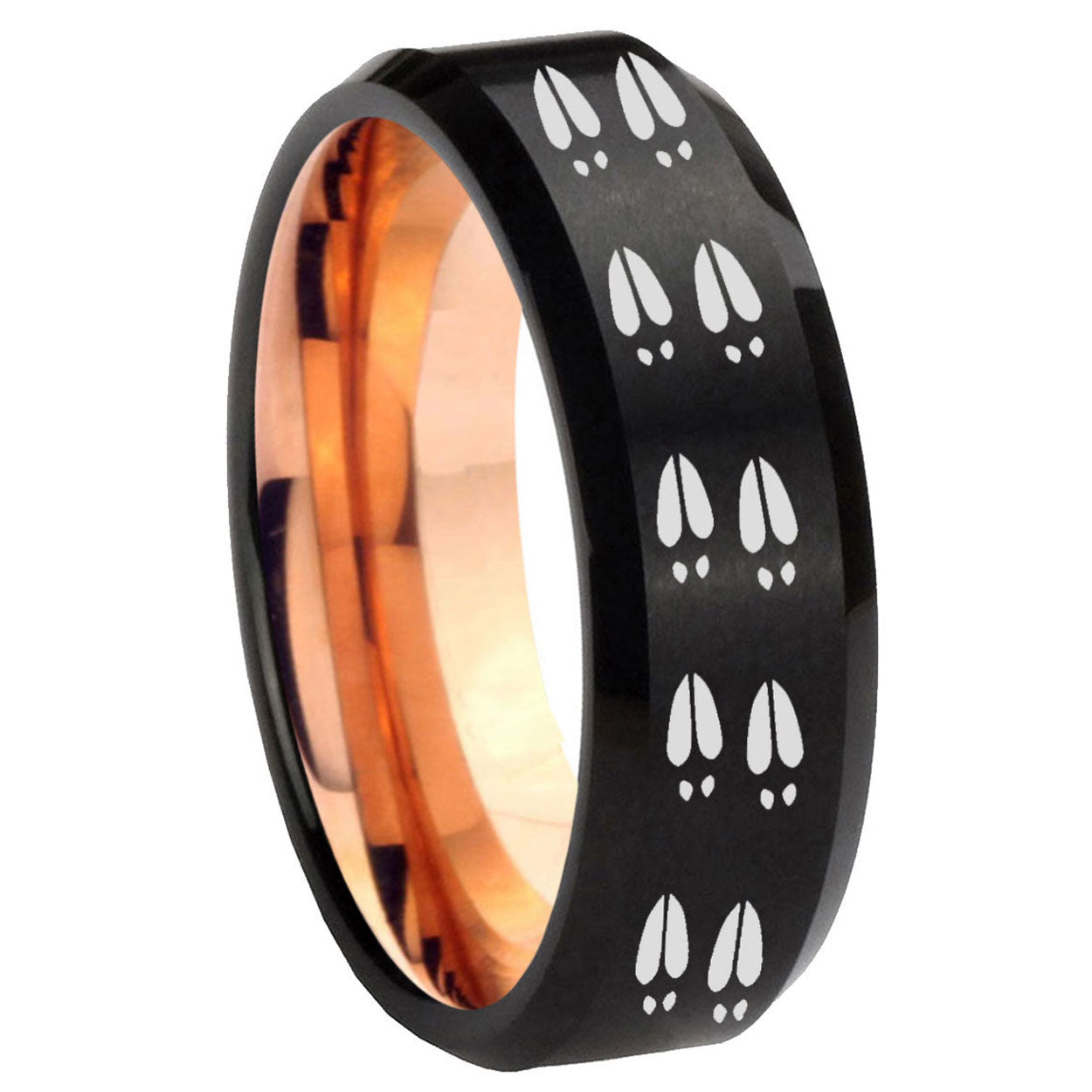 8MM Deer Tracks Beveled Rose Gold Black Tungsten Mens Promise Ring