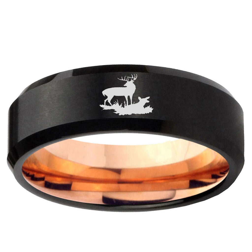 5mm Deer Hunting Two-Tone Beveled Black Rose Gold Tungsten Band