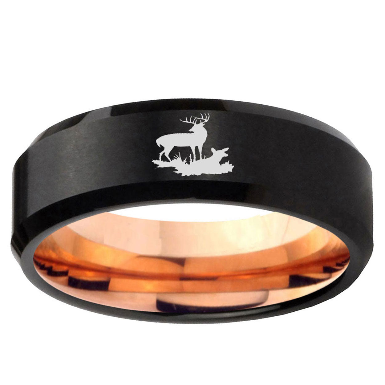 5MM Deer Hunting Beveled Rose Gold Black Tungsten Custom Ring