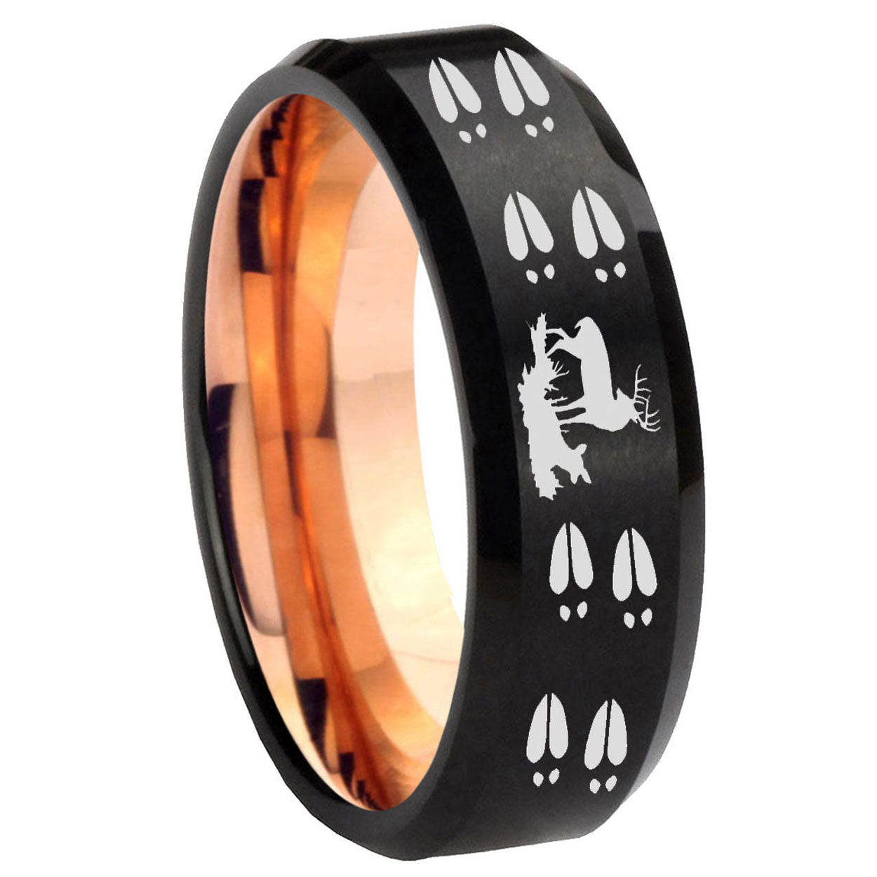 8MM Deer Hunting Tracks Beveled Rose Gold Black Tungsten Rings For Men