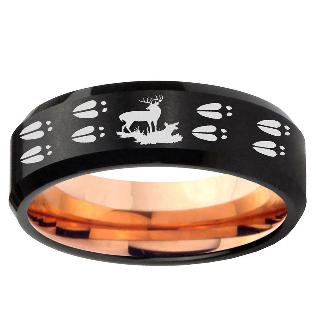 5mm Deer Hunting Tracks Two-Tone Beveled Black Rose Gold Tungsten Band