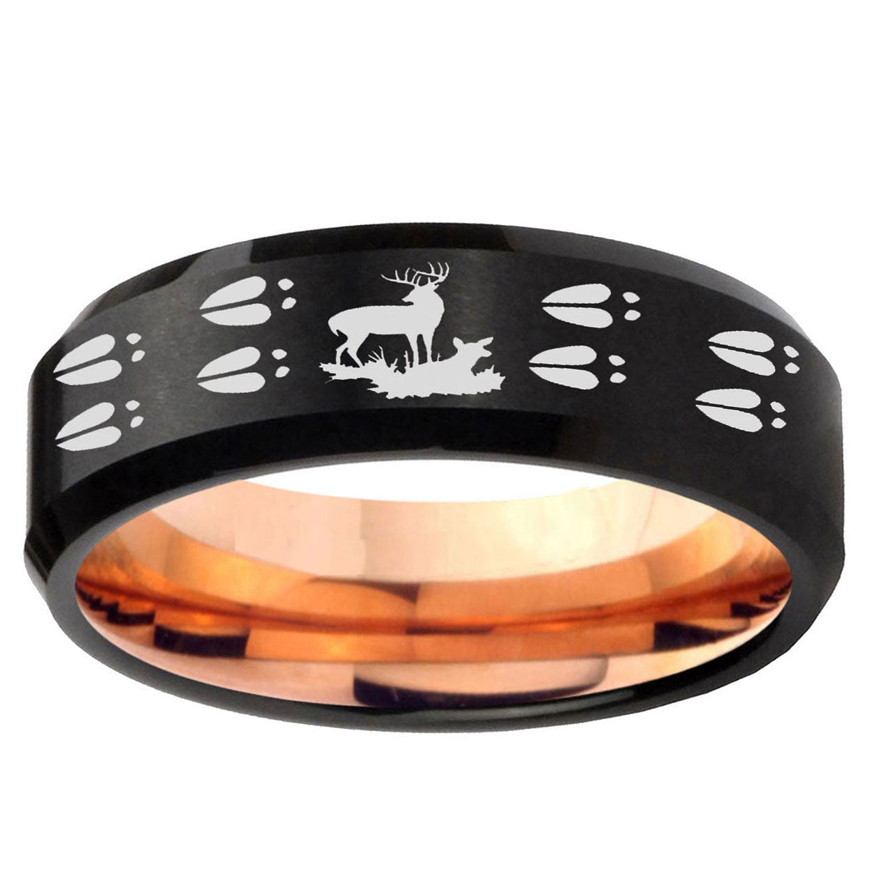 5MM Deer Hunting Tracks Beveled Rose Gold Black Tungsten Rings For Men