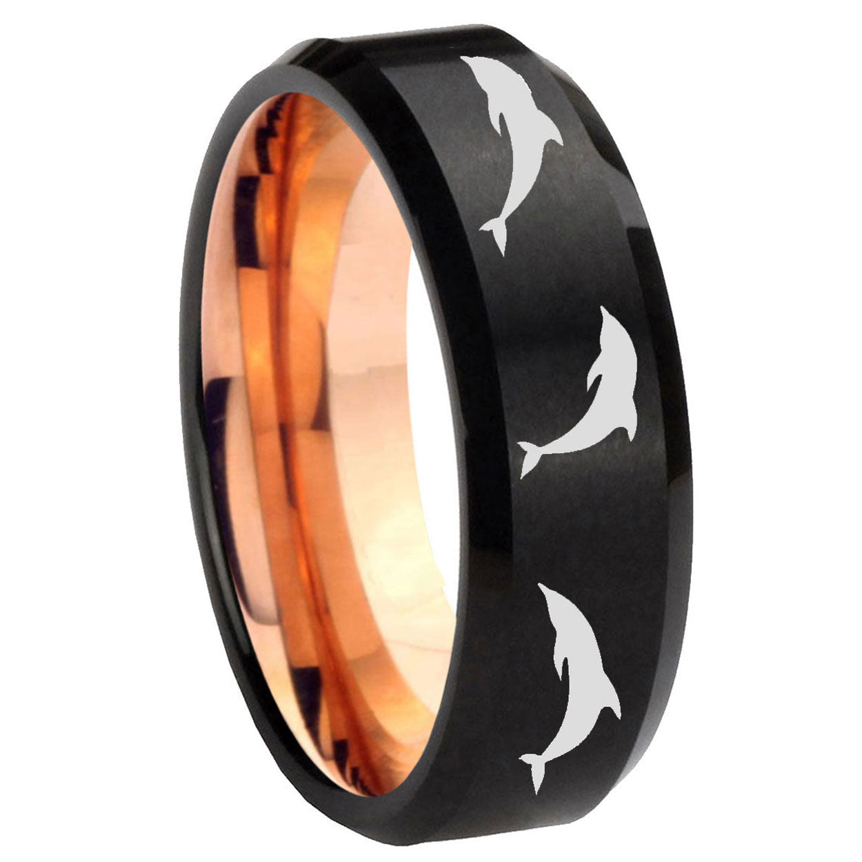 8MM Dolphins Beveled Rose Gold Black Tungsten Rings For Men