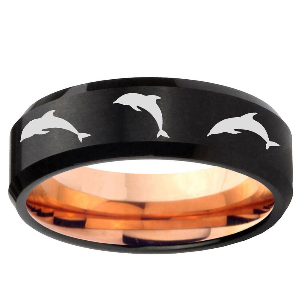5mm Dolphins Two-Tone Beveled Black Rose Gold Tungsten Band
