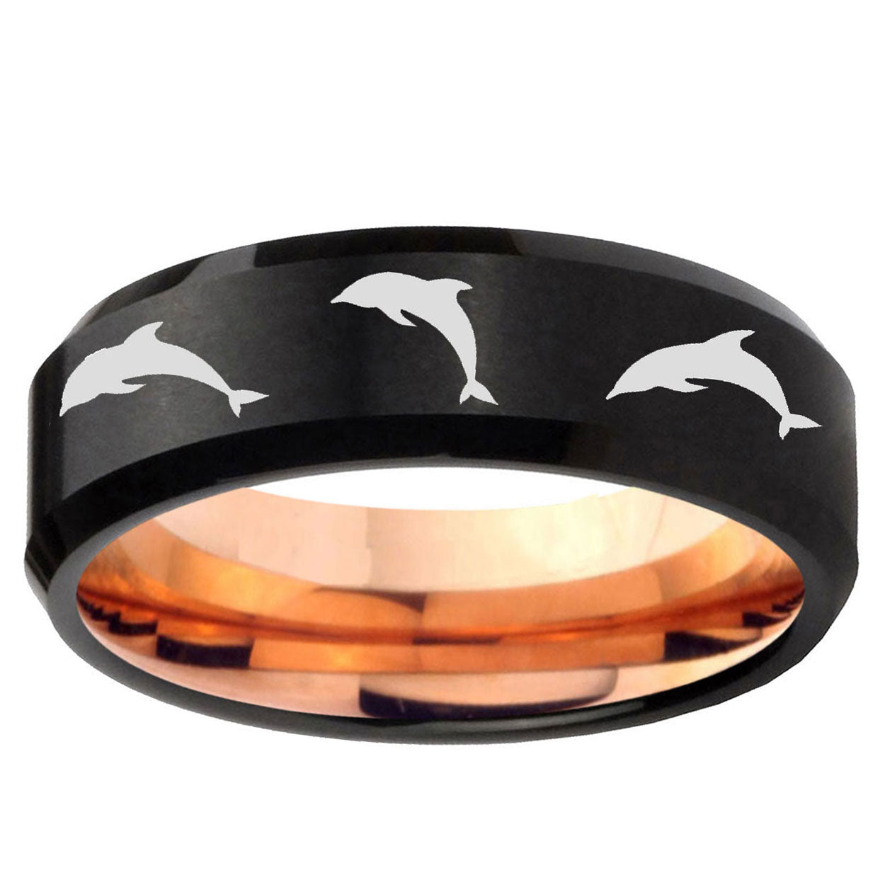 5MM Dolphins Beveled Rose Gold Black Tungsten Rings For Men