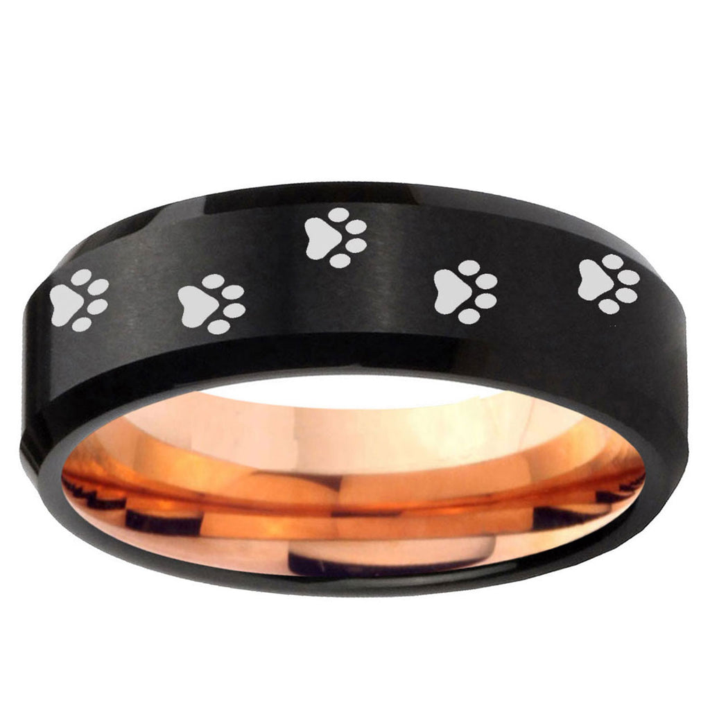 5mm Paw Print Two-Tone Beveled Black Rose Gold Tungsten Band