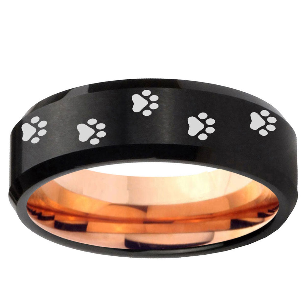 5mm Paw Print Two-Tone Beveled Black Rose Gold Tungsten Band
