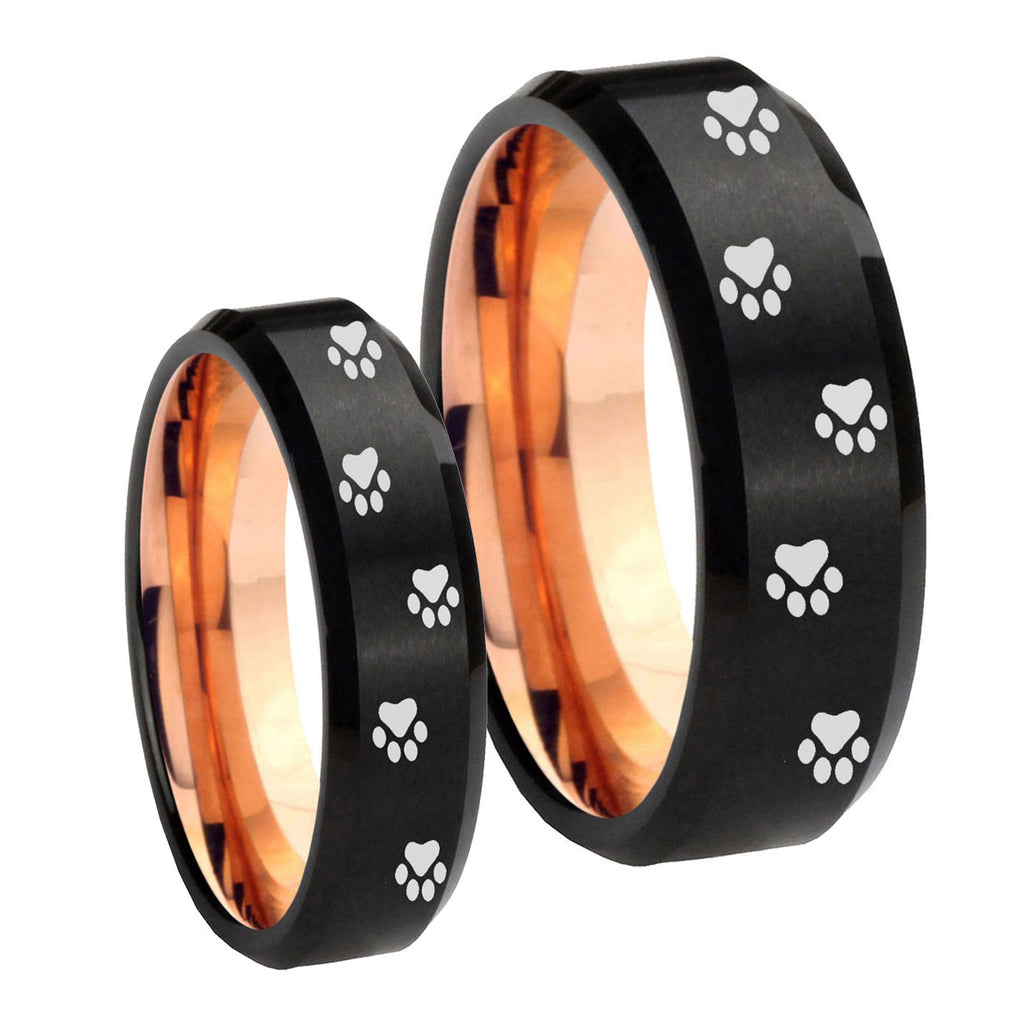 Paw Print Designs Bevel Rose Gold Tungsten Mens Set Rings