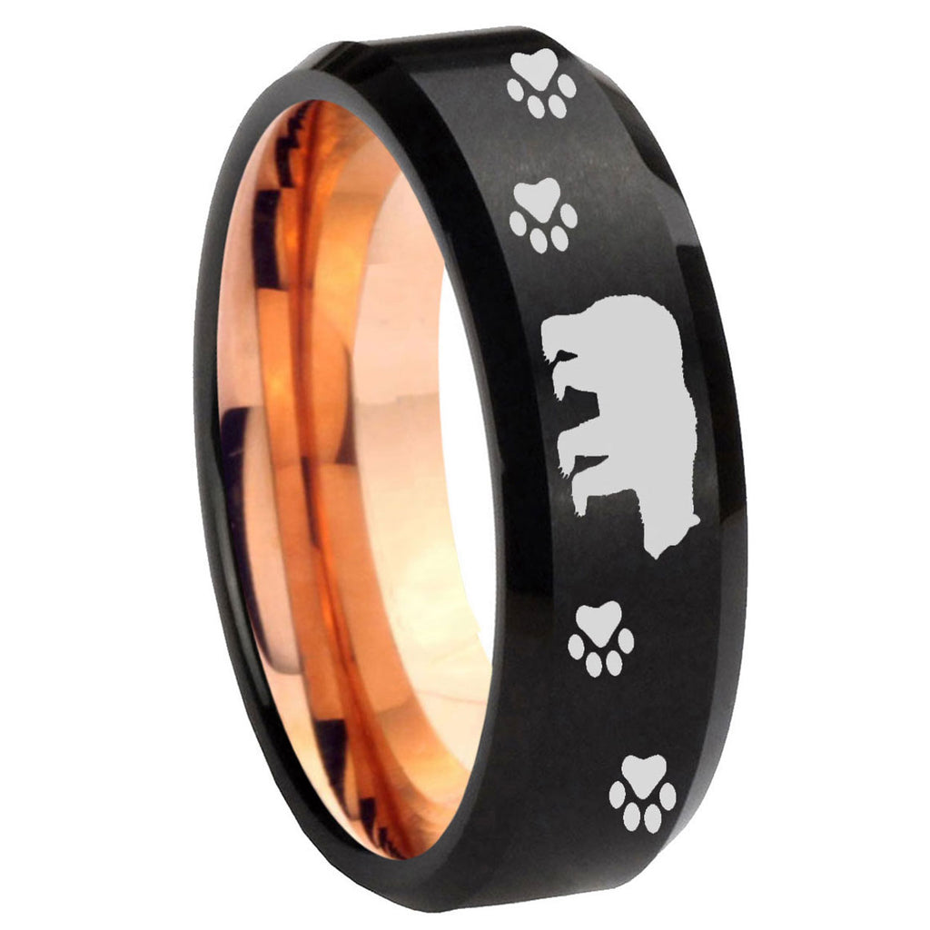 8mm Bear and Paw Two-Tone Beveled Black Rose Gold Tungsten Band