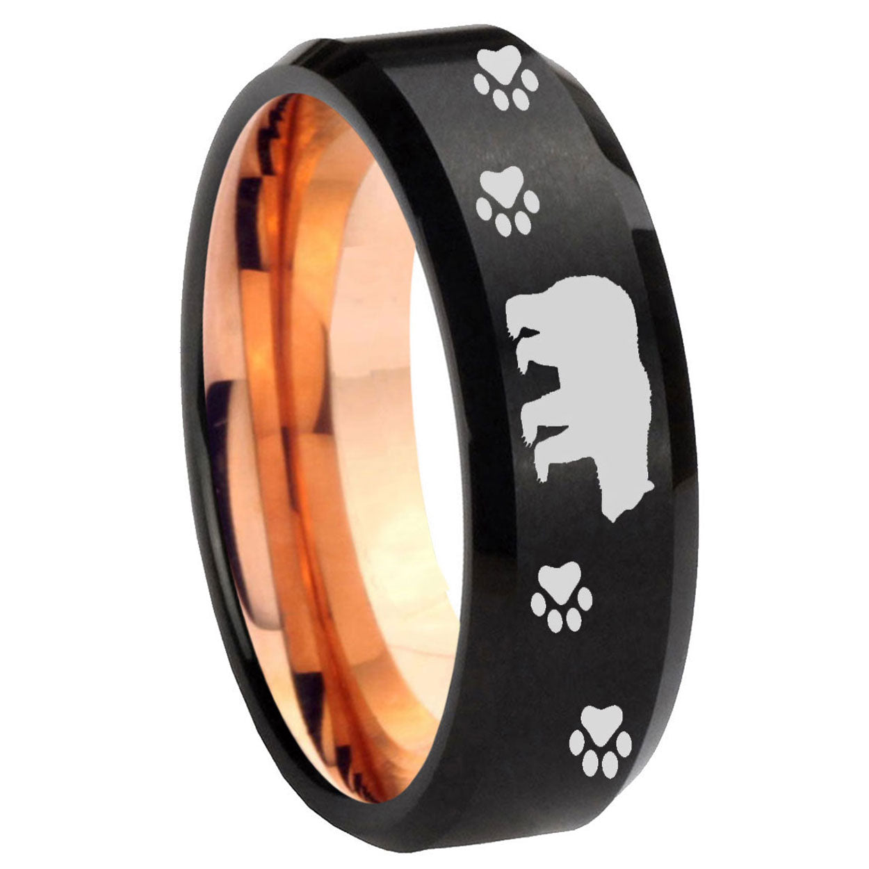 8MM Bear and Paw Beveled Rose Gold Black Tungsten Rings For Men