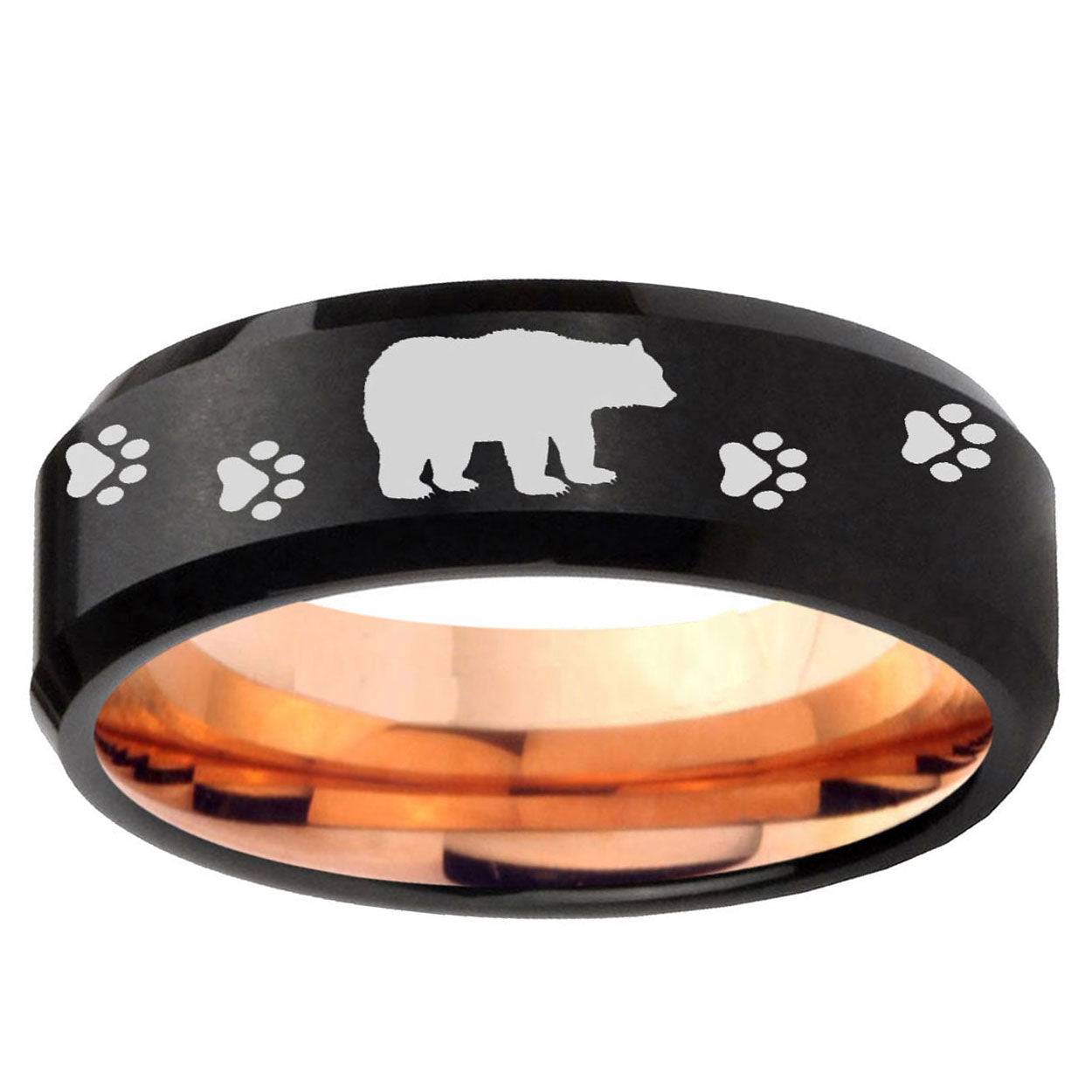 5MM Bear and Paw Beveled Rose Gold Black Tungsten Rings For Men