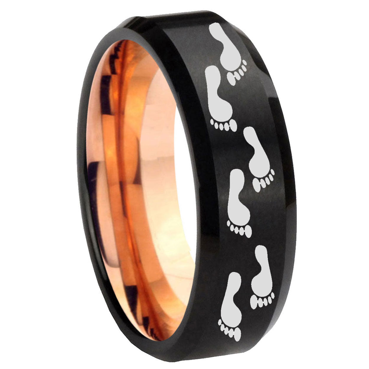 8MM Foot Print Beveled Rose Gold Black Tungsten Promise Ring For Him
