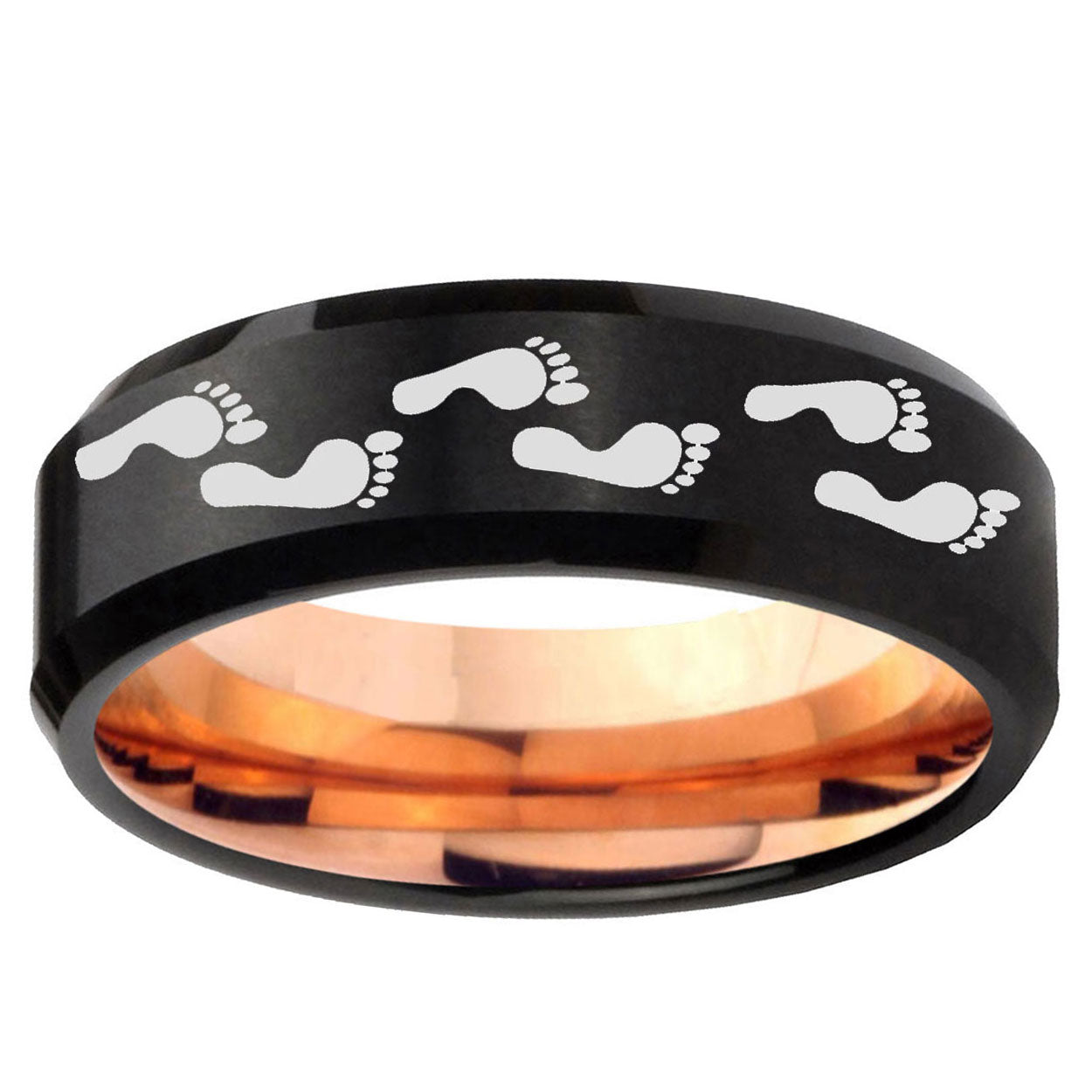 5MM Foot Print Beveled Rose Gold Black Tungsten Promise Ring For Him