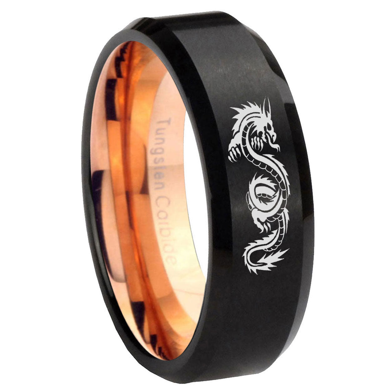 8MM Dragon Beveled Rose Gold Black Tungsten Mens Engagement Ring