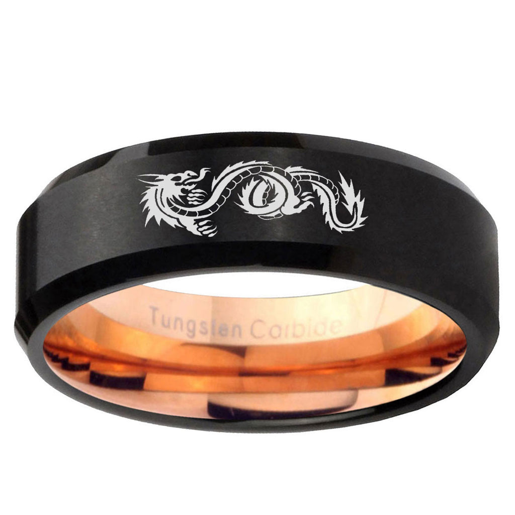 5mm Dragon Symbol Two-Tone Beveled Black Rose Gold Tungsten Band
