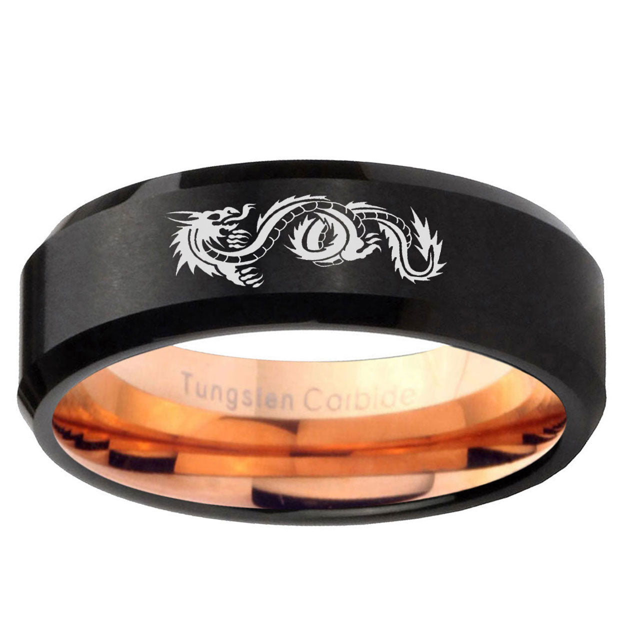 5MM Dragon Beveled Rose Gold Black Tungsten Mens Engagement Ring