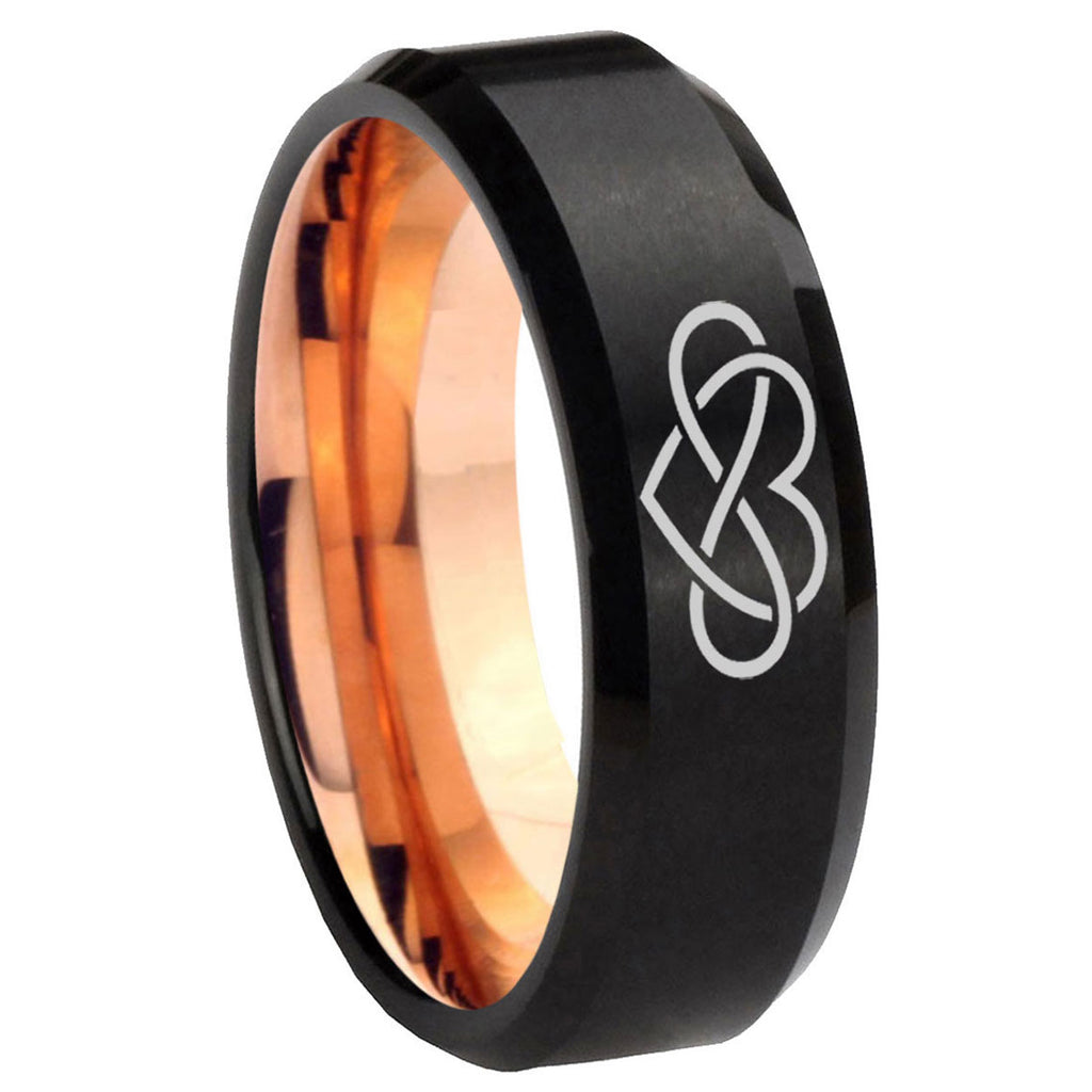 8mm Infinity Heart Two-Tone Beveled Black Rose Gold Tungsten Band