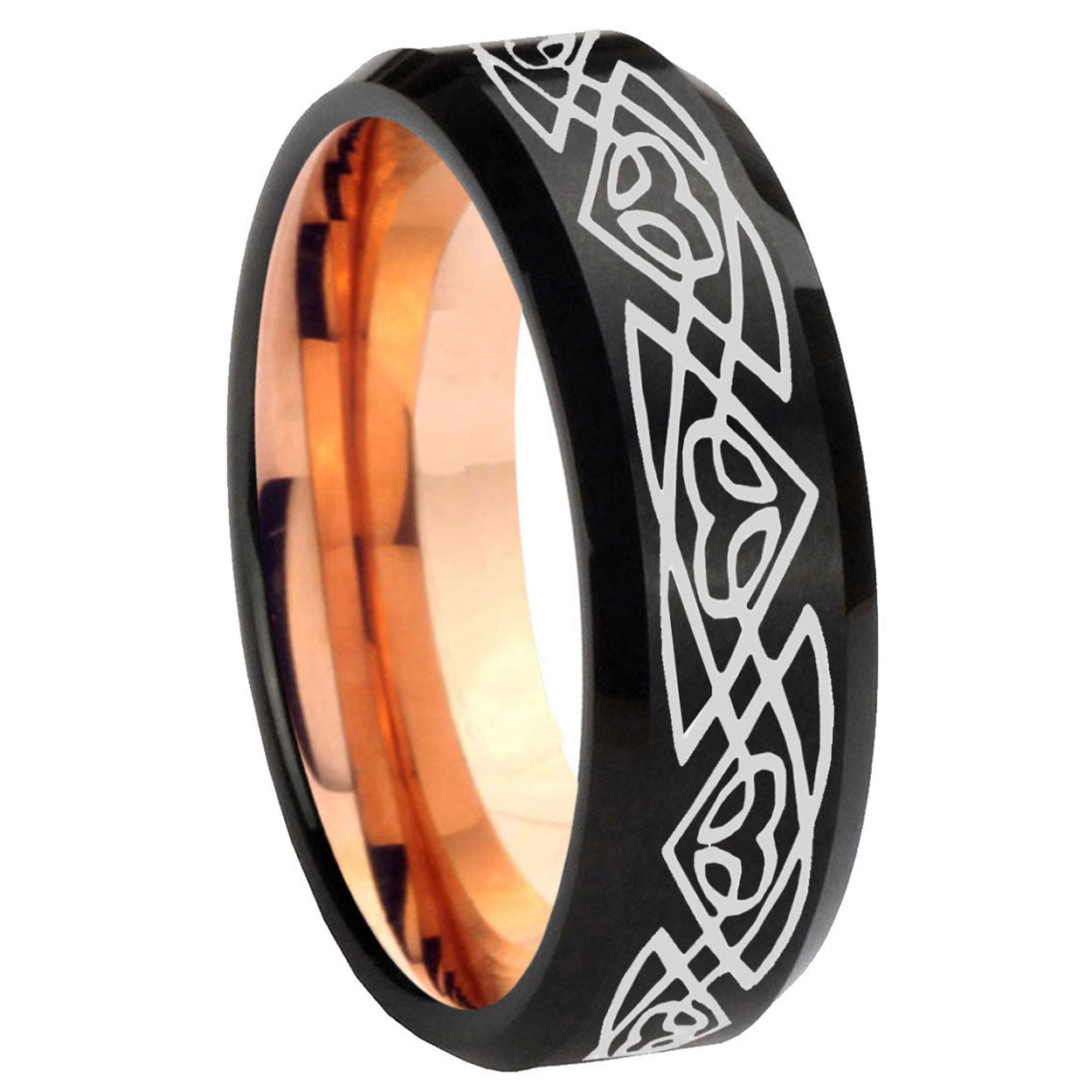 8MM Celtic Braided Beveled Rose Gold Black Tungsten Band