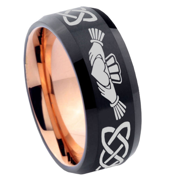 8mm-Irish-Claddagh-Bevel-Tungsten-Carbide-Rose-Gold-Men's-Ring
