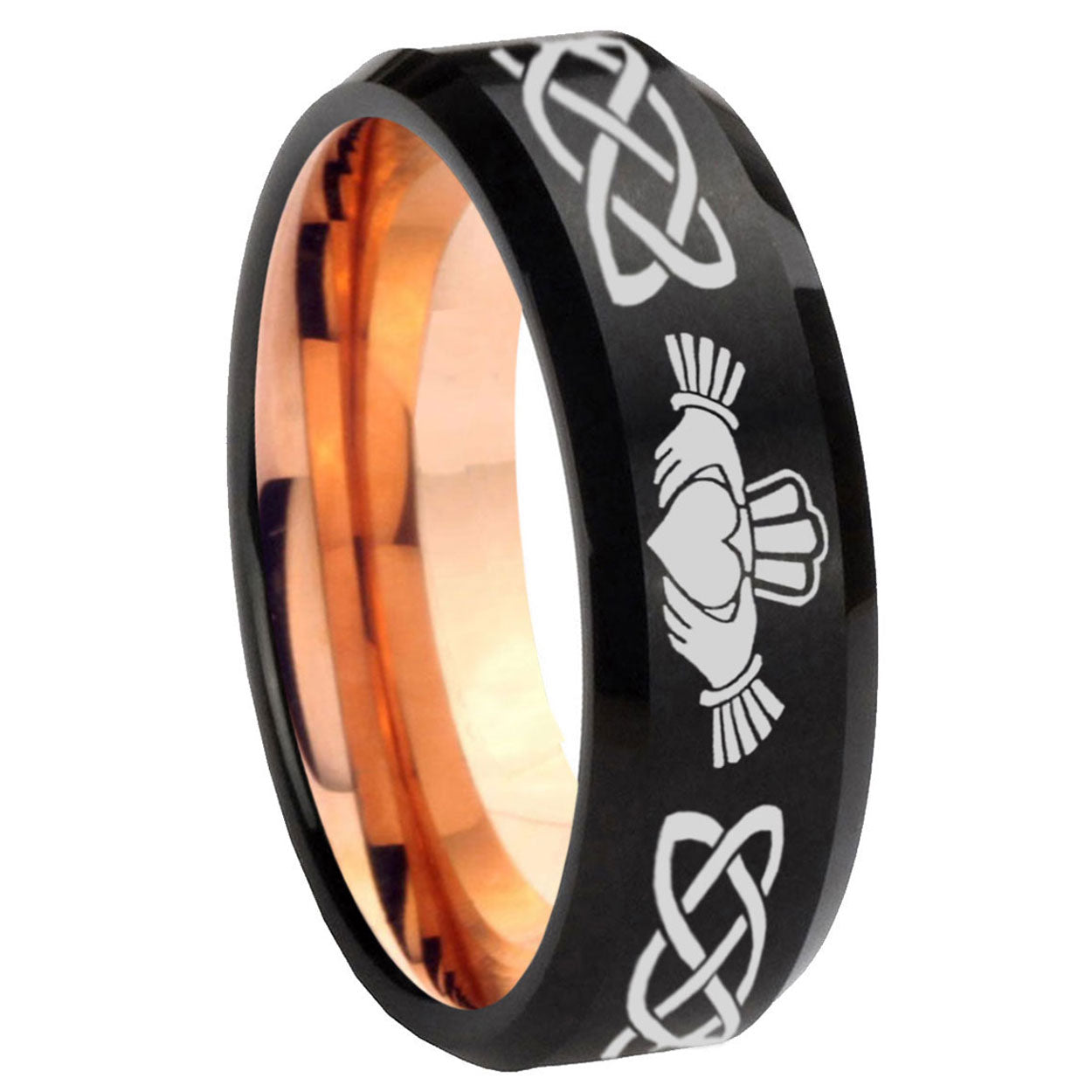 8MM Irish Claddagh Beveled Rose Gold Black Tungsten Ring For Him