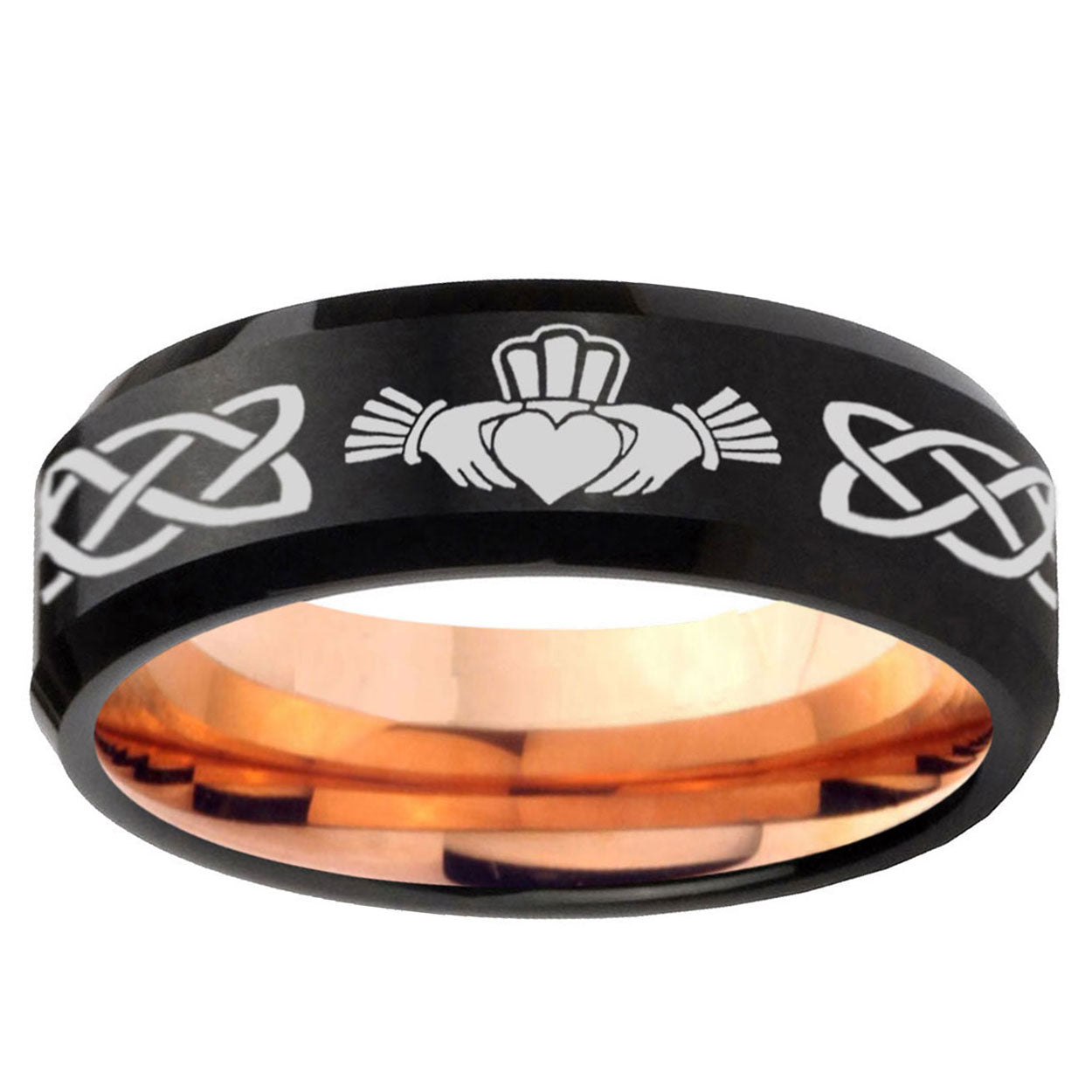 5MM Irish Claddagh Beveled Rose Gold Black Tungsten Ring For Him