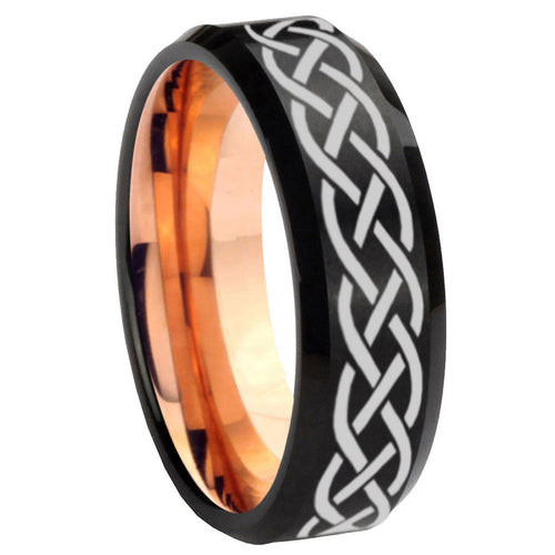 10mm Celtic Knot Bevel Tungsten Rose Gold Mens Wedding Band