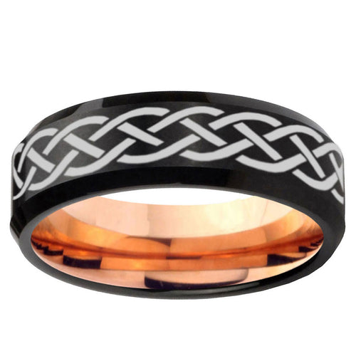 10mm Celtic Knot Bevel Tungsten Rose Gold Mens Wedding Band