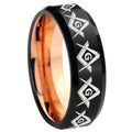 8mm Masonic Square and Compass Two-Tone Beveled Black Rose Gold Tungsten Band
