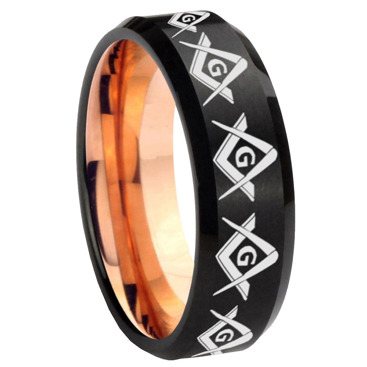 8MM Masonic Square and Compass Beveled Rose Gold Black Tungsten Band