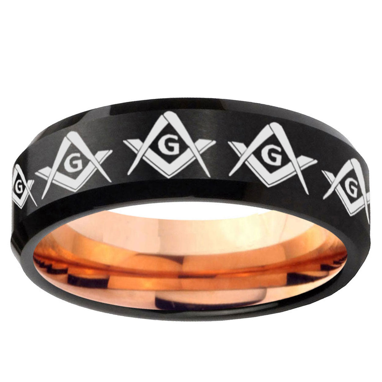 5MM Masonic Square and Compass Beveled Rose Gold Black Tungsten Band