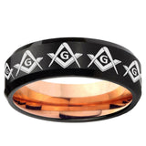 10mm Masonic Square and Compass Bevel Tungsten Rose Gold Mens Wedding Band